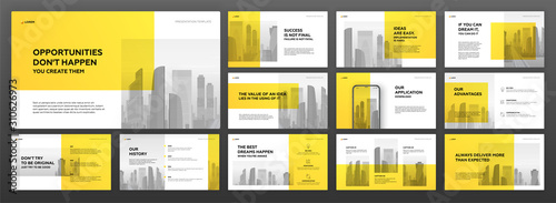 Business presentation powerpoint templates set. Use for keynote presentation, horizontal brochure design, website slider, landing page, annual report, company profile, portfolio, social media banner.