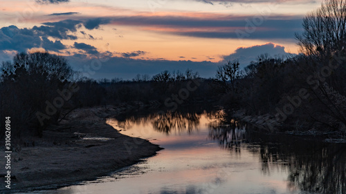 sunset and crowned crane on rever, nature, wildlife