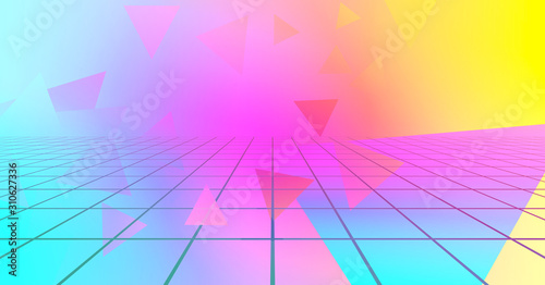 Retro futuristic neon background 1980s style. Retro music album cover template with abstract laser grid. 3d render