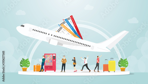 airport transportation with people and plane fly with ticket and luggage suitcase with modern flat style - vector