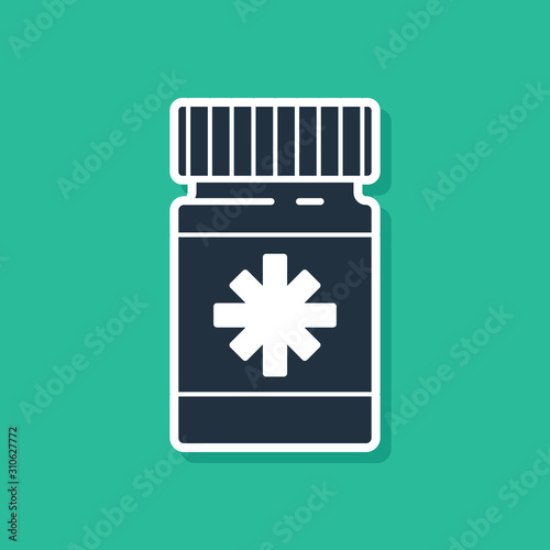 Blue Dog medicine bottle and pills icon isolated on green background. Container with pills. Prescription medicine for animal. Vector Illustration