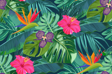 Handdoek met foto Palmbomen patronen Hawaiiaanse hibiscus en palmbladeren  © natikka