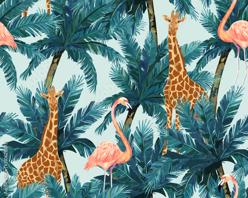 Exotic summer print. Seamless pattern with palm tree, giraffe. Vector illustr...