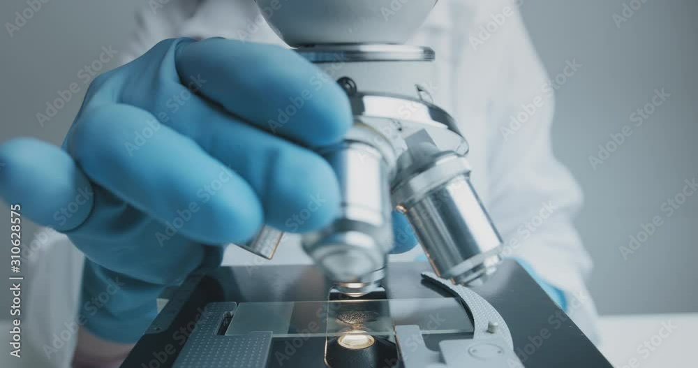 Close up shot of the scientist studies examining of test sample under the microscope in laboratory. Close up shot of the scientist studies examining of test sample under the microscope in laboratory.