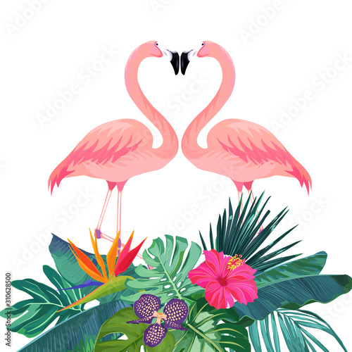 Tropical pattern with flamingos, palm leaves and flowers. Jungle summer plant...