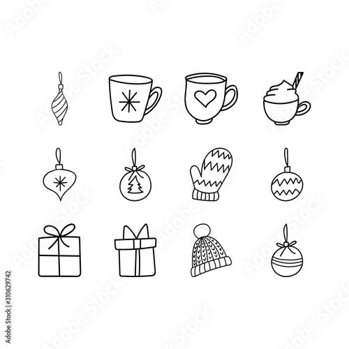 Set of Christmas related hand drawn vector icons isolated on a white background.X mas tree baubles,presents,pom pom hat,mitten,mugs,hot chocolate doodles.