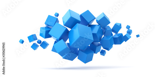 A lot of flying blue cubes on a white background. 3d render illustration.