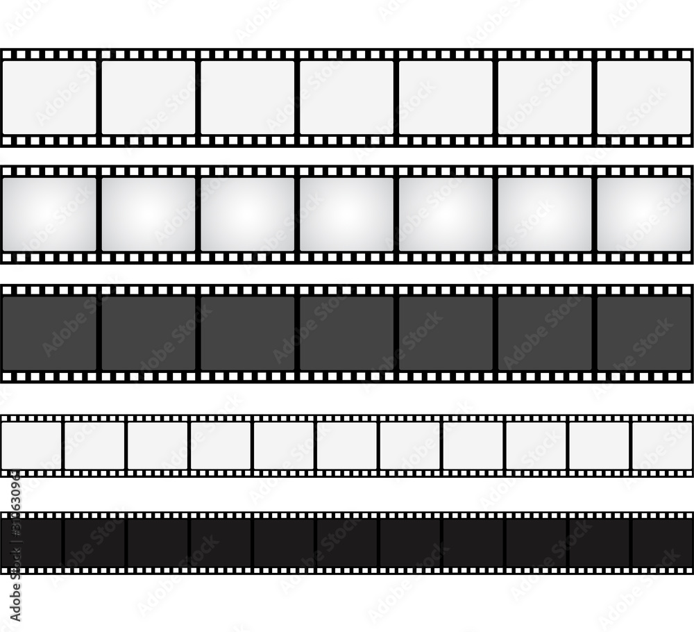 Seamless film strips on white background for design. Vintage cinema and photo tape. Retro film strips. Vector illustration
