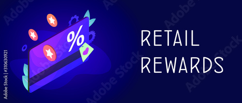 Retail rewards - loyalty program with discount card and rewarding points. Marketing rewards customer service. Online promotion method for regular customers. Header and footer banner template with text