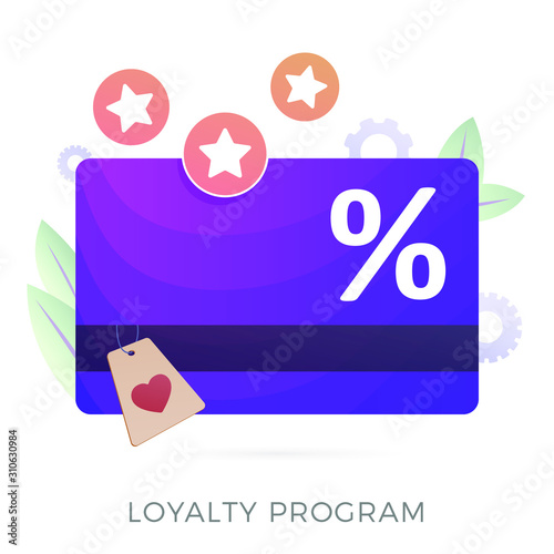 Loyalty marketing program and retail rewards customer service. Discount card with rewarding points concept. Online promotion method for regular friends customers. Isolated flat vector illustration