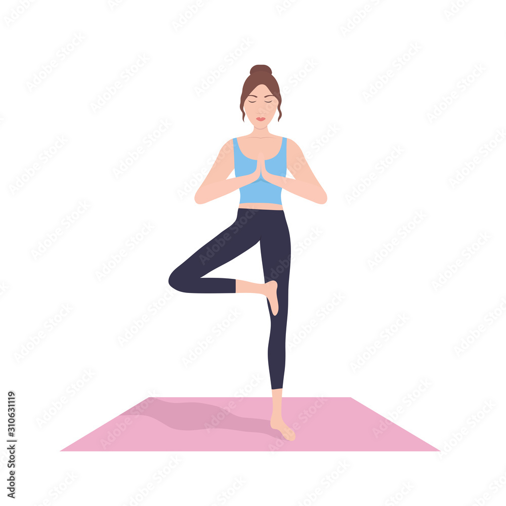 Young woman performing physical exercises. Bundle of female cartoon character demonstrating yoga position isolated on white background. Colorful flat vector illustration Young woman performing physical exercises. Bundle of female cartoon character demonstrating yoga position isolated on white background. Colorful flat vector illustration