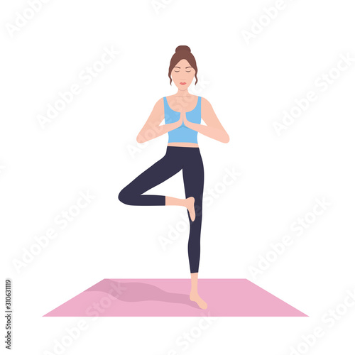 Young woman performing physical exercises. Bundle of female cartoon character demonstrating yoga position isolated on white background. Colorful flat vector illustration © Oleksiy
