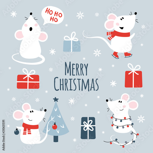 Cute cartoon mouse set. Funny mice with christmas tree, garland,  on skates. Cartoon Christmas and new year 2020 cute mouse, rat set. Vector collection of chinese 2020 new year symbol