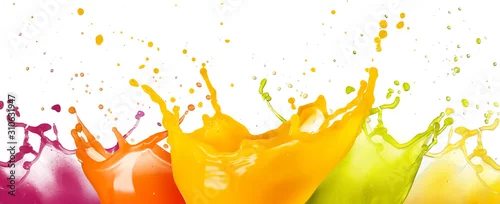 Obraz  z motywem collection of fruit juice colorful splashes isolated on white background.