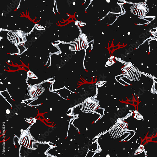 Deer skeleton. Seamless pattern with skull and bones of red horned deers.