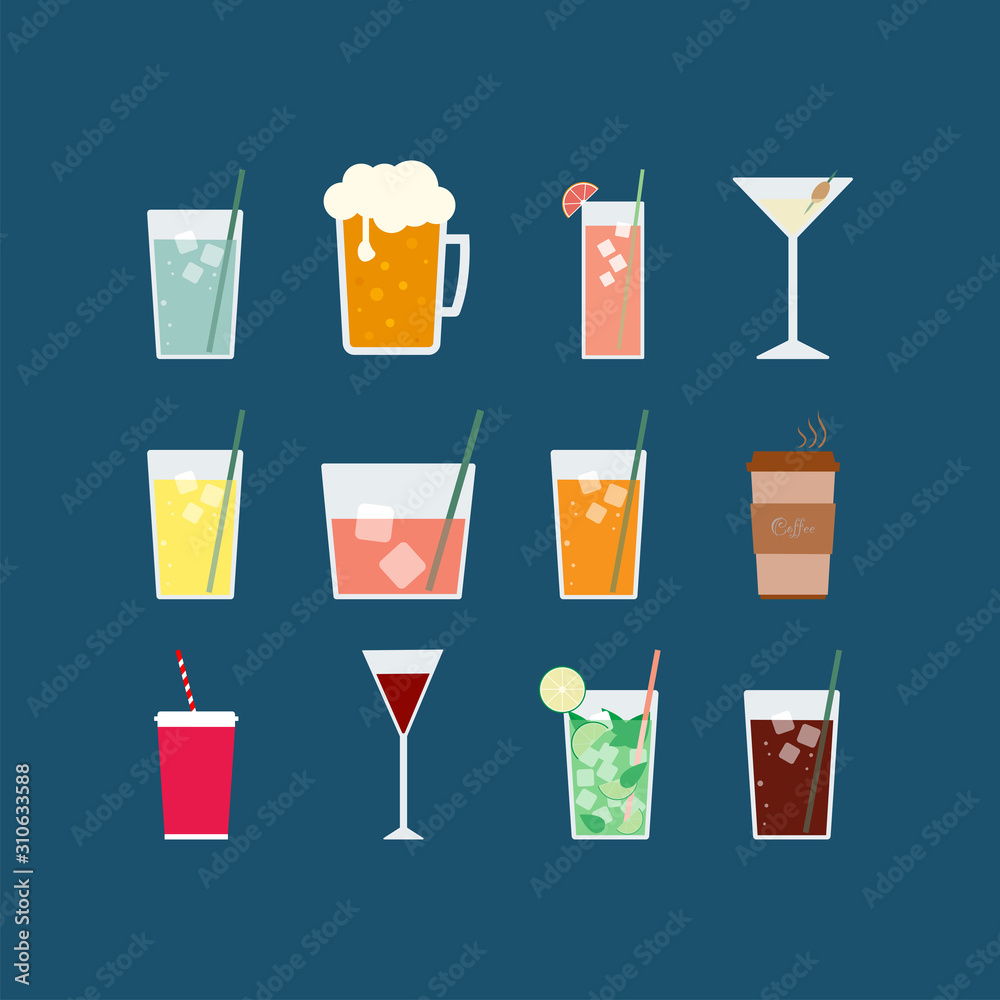 Set of beverages including beer,martini,wine,mojito,soda,coffee,cocktails flat vector icons isolated on a dark background. Set of beverages including beer,martini,wine,mojito,soda,coffee,cocktails flat vector icons isolated on a dark background.