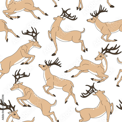 Running young deer. Vector seamless pattern with horned deers.