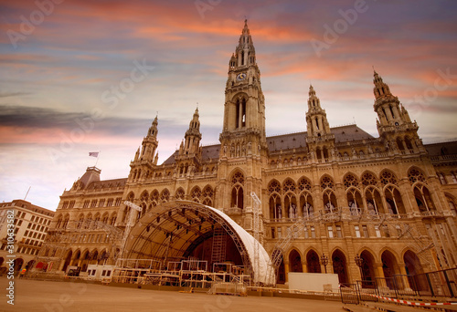Evening scene landmark of Vienna in a City hall and twilight sky which Tall gothic building in Vienna, Austria
