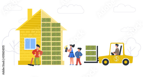 Home loan. Repair and maintenance of private house. Money to help. Loan money for building house. Family loan. Family in cartoon flat style. Manager rides forklift. Construction financing. Copy space.