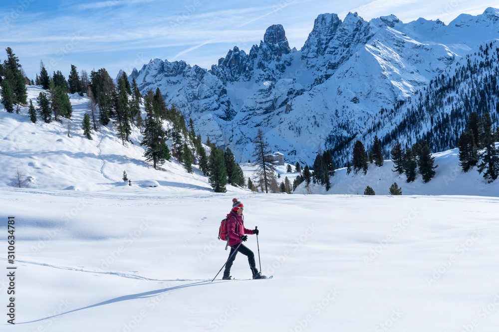 active senior woman snowshoeing from Prato Piazzo up to the Monte Specie in the three oeaks Dolomites area near village of Innichen, South Tyrol, Italy