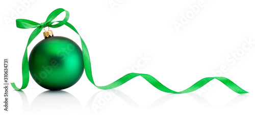Christmas green bauble with ribbon bow isolated on white background