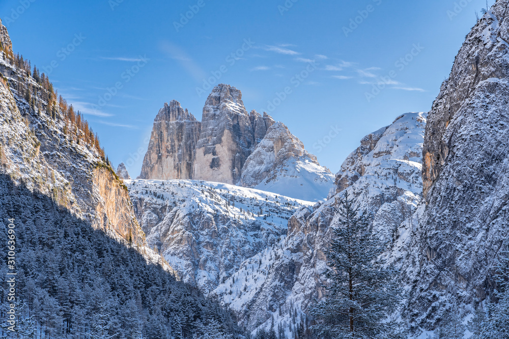 winter Mountain landscape in the Three Peaks Dolomites area near Toblach and Innichen, South Tyrol, Italy, landscape photography