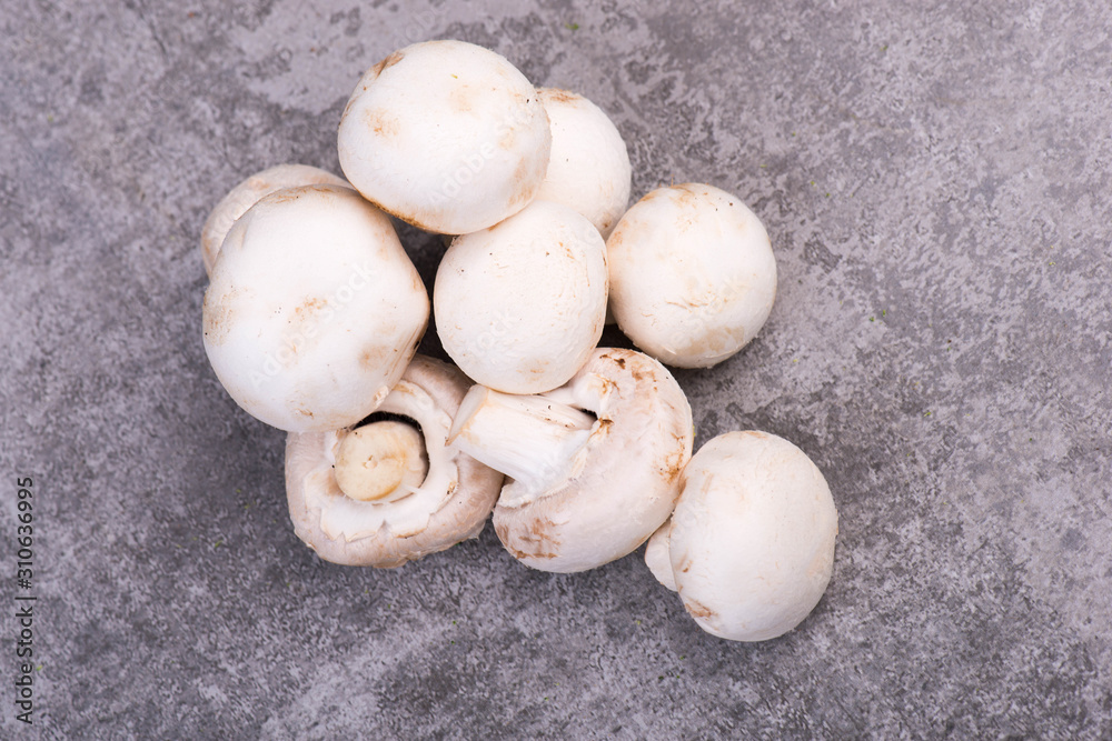White champignons on a grey structured background White champignons on a grey structured background