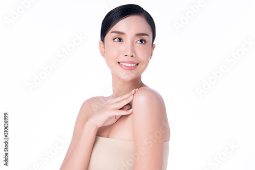 Beautiful Young Asian Woman with Clean Fresh Skin. Face care, Facial treatment, on white background, Beauty and Cosmetics Concept.