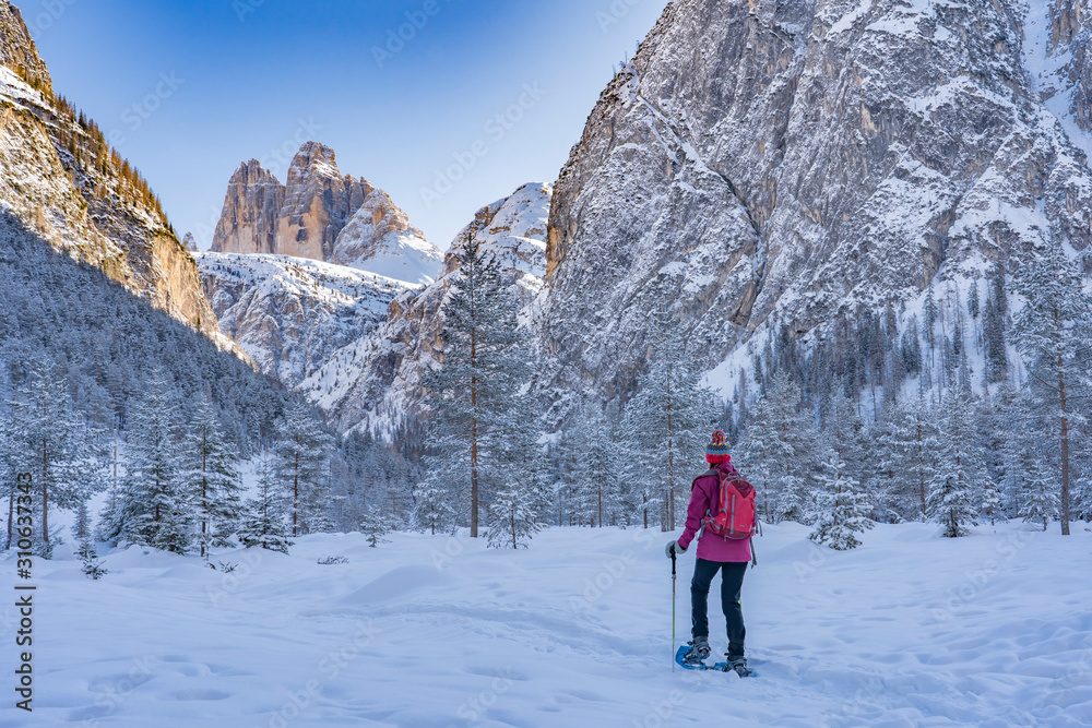 active senior woman snowshoeing in  spectacular Hoehlenstein Valley under the famous Three Peaks, Dolomites  near village of Toblach, South Tyrol, Italy