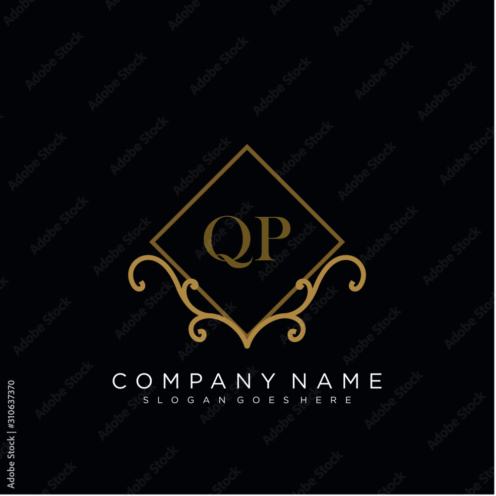 QP Initial logo. Ornament ampersand monogram golden logo