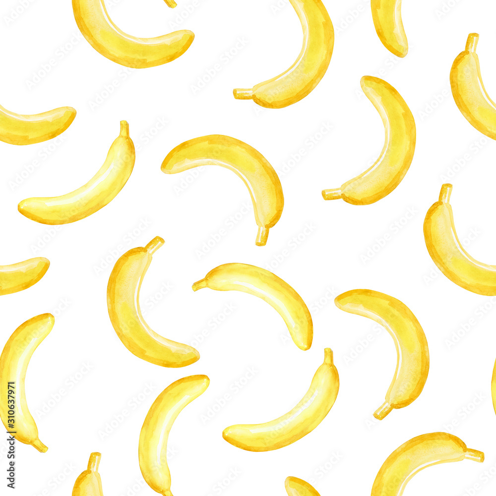 Watercolor seamless pattern with hand yellow bananas on white background. Kids background illustration. Hand drawn.