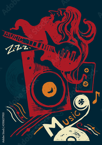 Music print for textiles vector illustration musician with beard guitar speakers amplifiers