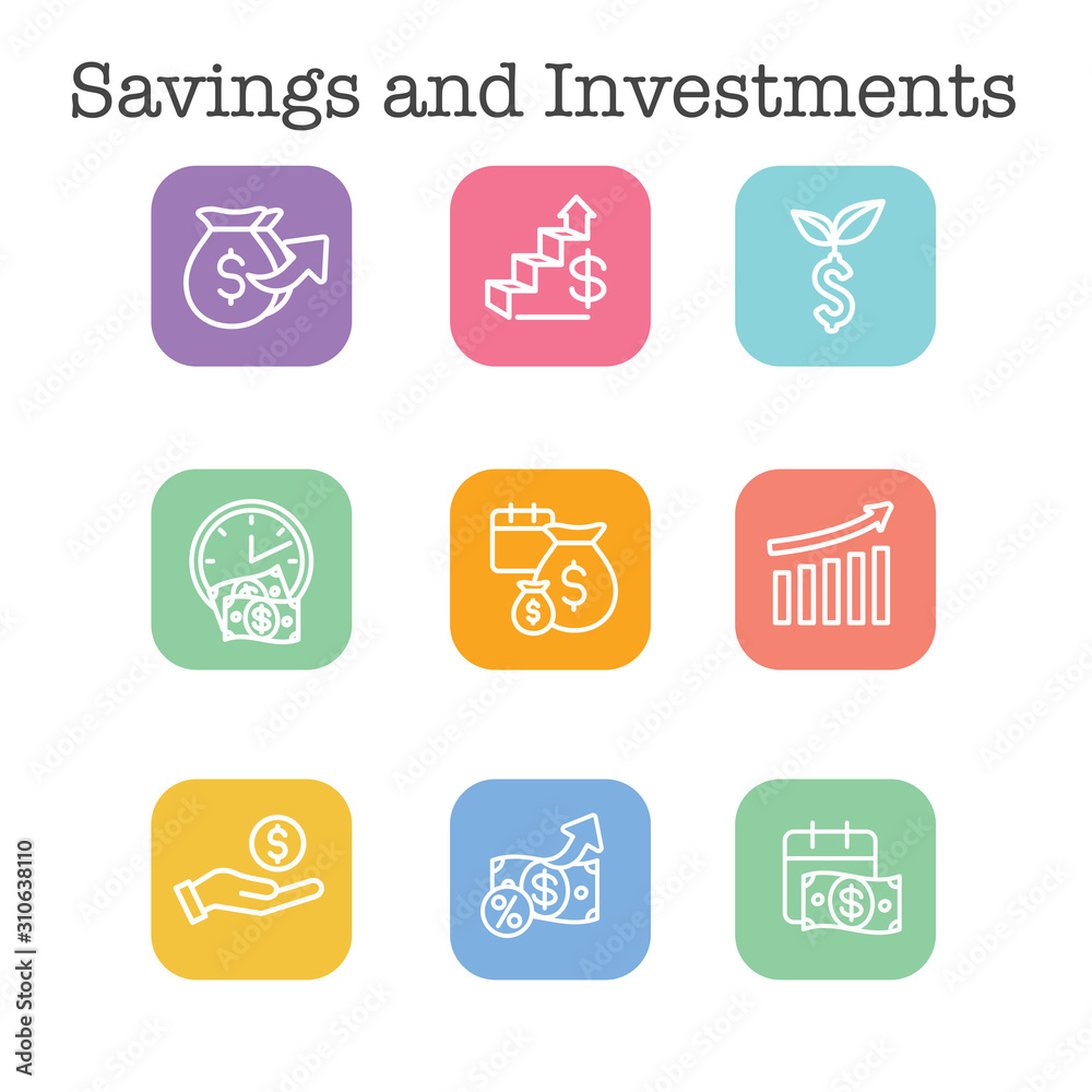 Banking, Investments and Growth Icon Set with Dollar Symbols, etc
