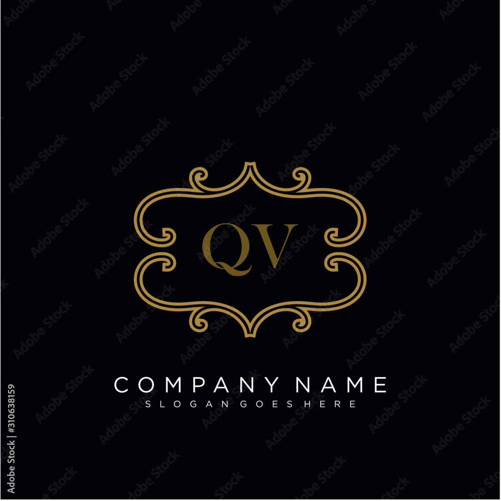 QV Initial logo. Ornament ampersand monogram golden logo
