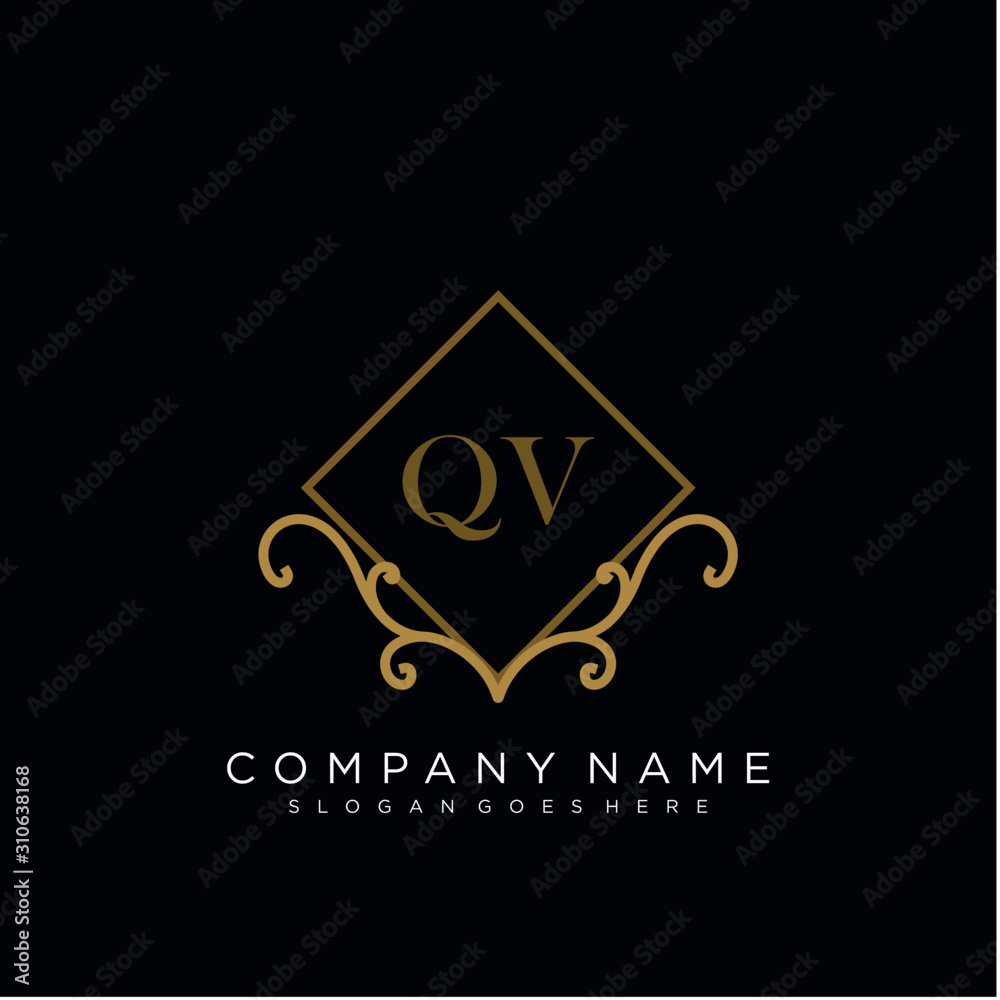 QV Initial logo. Ornament ampersand monogram golden logo