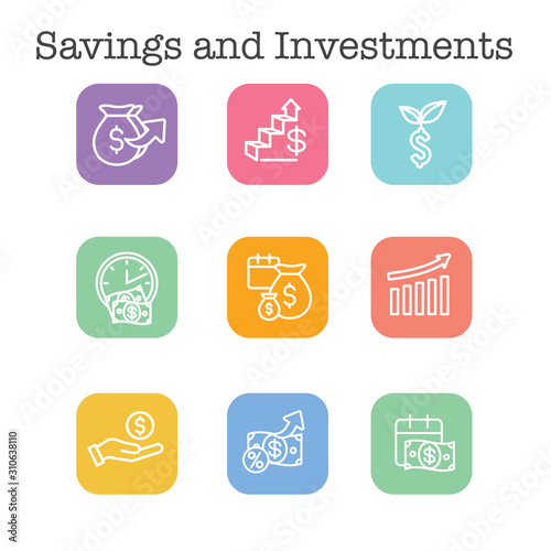Banking, Investments and Growth Icon Set with Dollar Symbols, etc