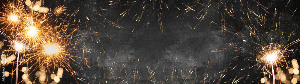 Silvester New Year 2024, New Year's Eve background banner panorama long- firework on rustic dark black grey stone concrete texture, with space for text - obrazy, fototapety, plakaty 