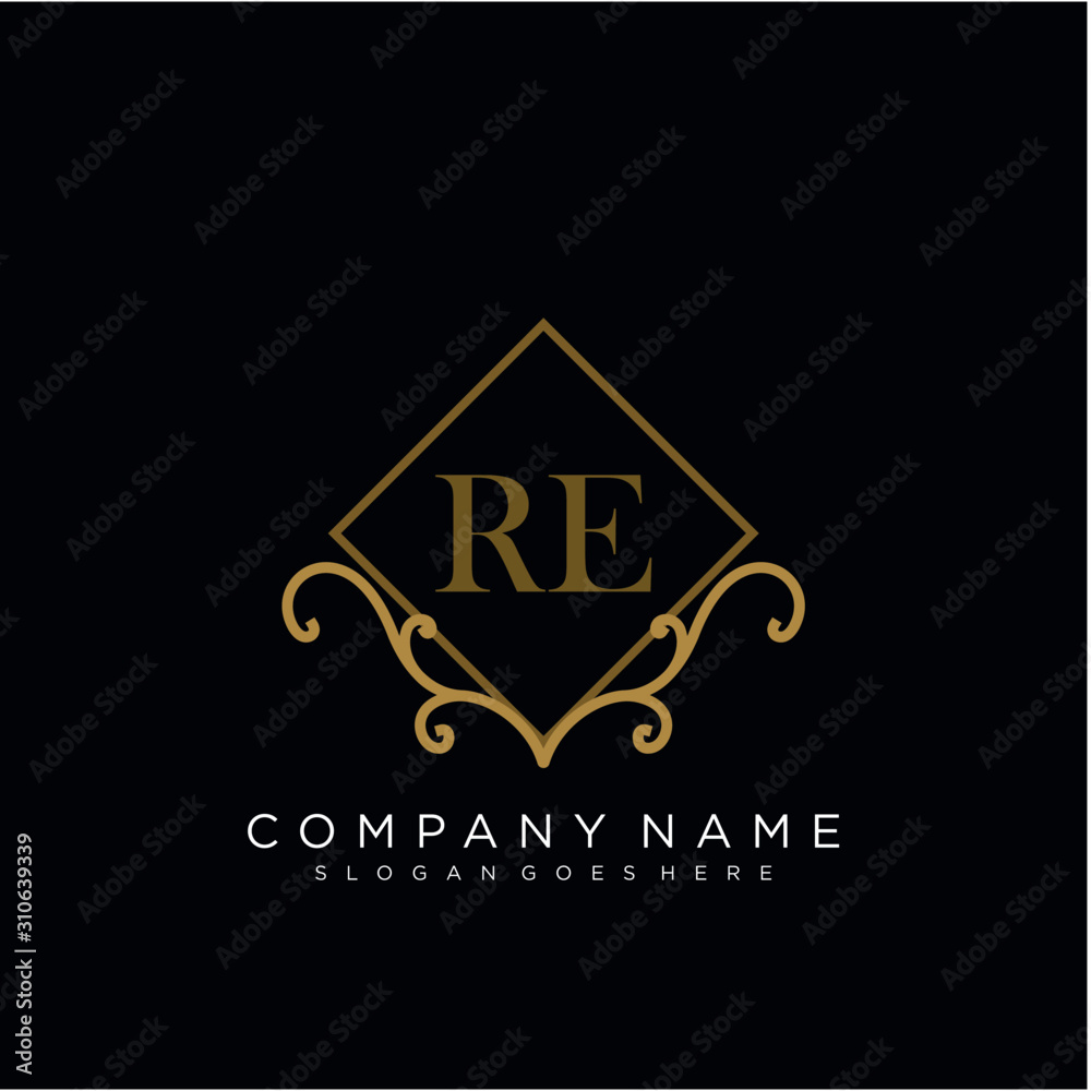 RE Initial logo. Ornament ampersand monogram golden logo
