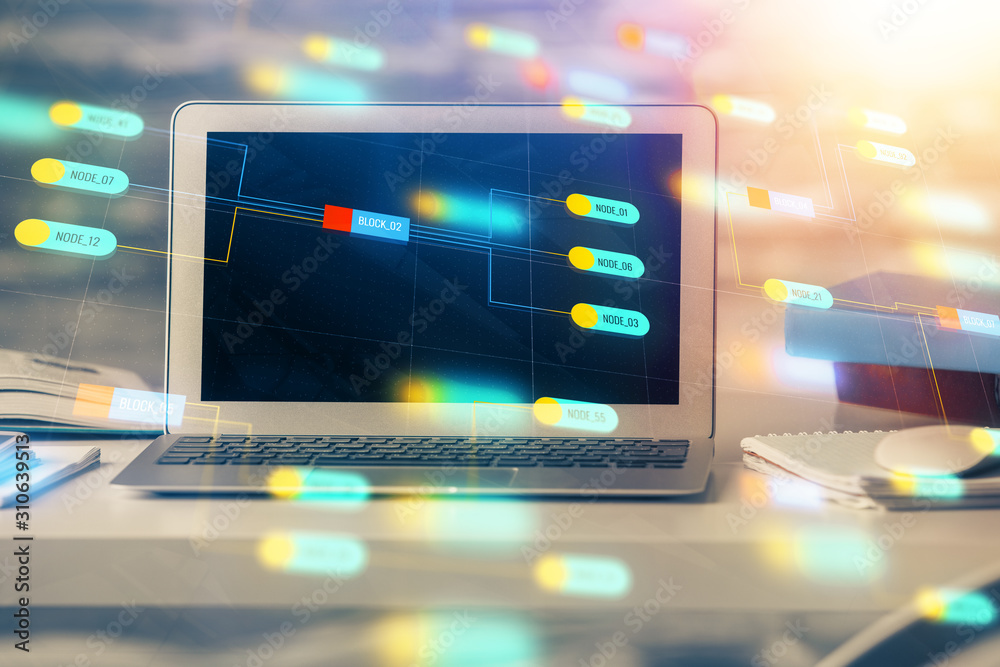 Double exposure of computer and technology theme drawing. Concept of ...