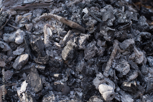 Pile of black details coal/carbon texture. Industrial or nature background. Coals after a fire - heat for barbecue.