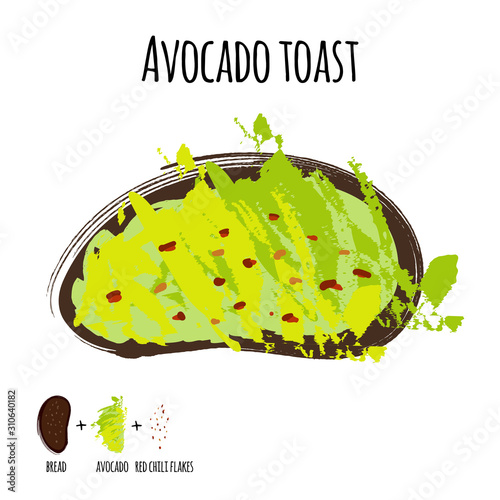 Vector illustration avocado toast or whole grain bread, topped with smashed avocado, sea salt, and red chili flakes.