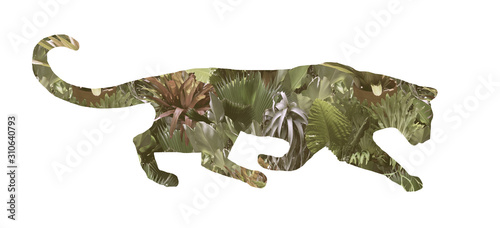 Wild cat silhouette isolated on white background with tropical flowers and leaves.