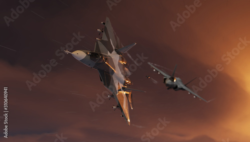 F-35 jet fighter aircraft firing a missile, target is russian su-57 stealth jet 3d render