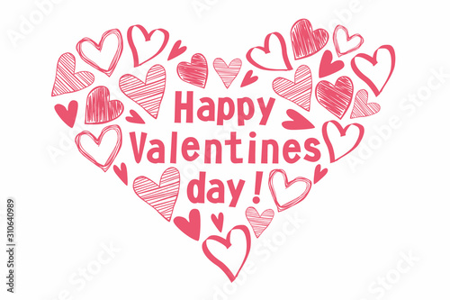 Valentines Day vector illustration. Hand drawn hearts on white background. I love you text. 14 february greeting card.