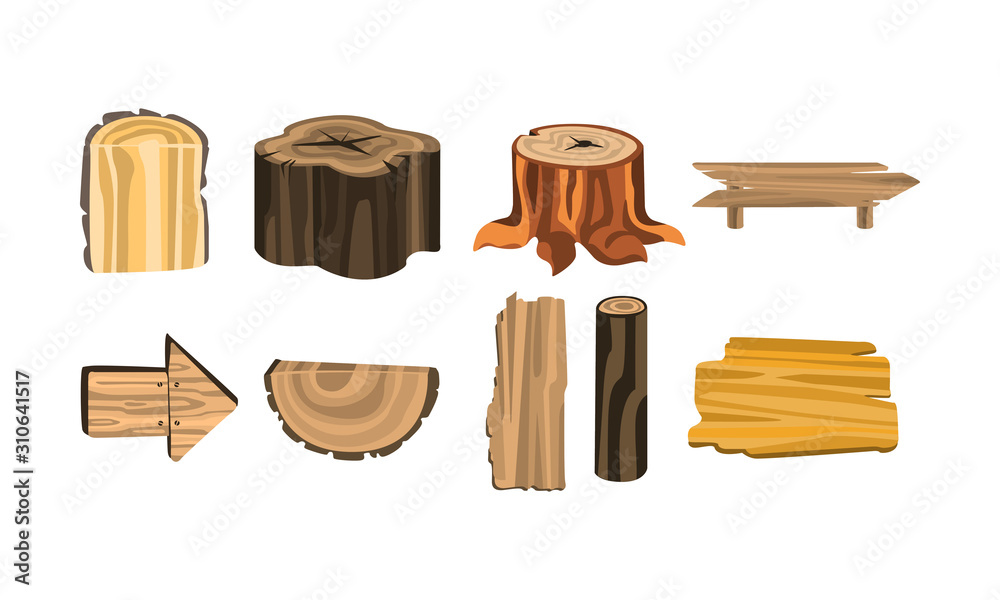 Wooden Stubs and Logs Vector Set. Firewood and Crust Isolated on White Background Wooden Stubs and Logs Vector Set. Firewood and Crust Isolated on White Background