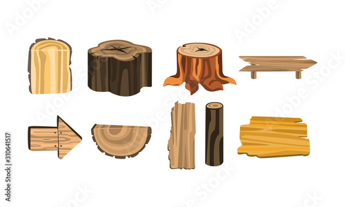 Wooden Stubs and Logs Vector Set. Firewood and Crust Isolated on White Background