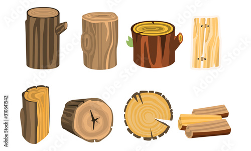 Wooden Stubs and Logs Vector Set. Firewood and Crust Isolated on White Background