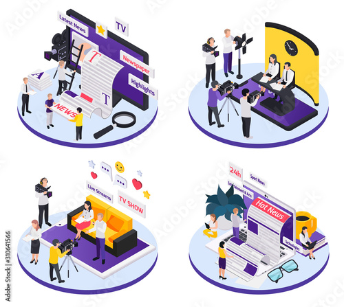 Isometric Journalistis Reporters News Media Icon Set