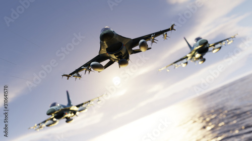 Three F-16 fighting falcon jets over the ocean flying together in vic formation 3d render