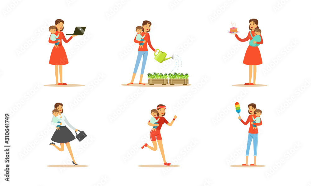 Housewife Engaging in Different Domestic Works Vector Illustrations Set
